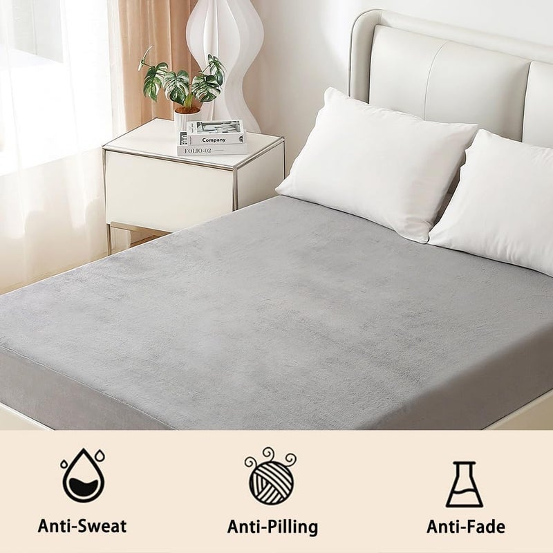 Nokolulu Velvet Queen Fitted Sheet Only- Ultra Soft Fuzzy Fleece Fitted Bottom Sheet - Plush Fluffy Cozy Flannel Sheet Queen Size - 18" Extra Deep Pocket (Light Grey, 60"x80") - Image 3